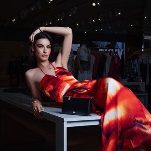 DKNY Halter Maxi Dress – Size L – Black/Persimmon Multi – NWT